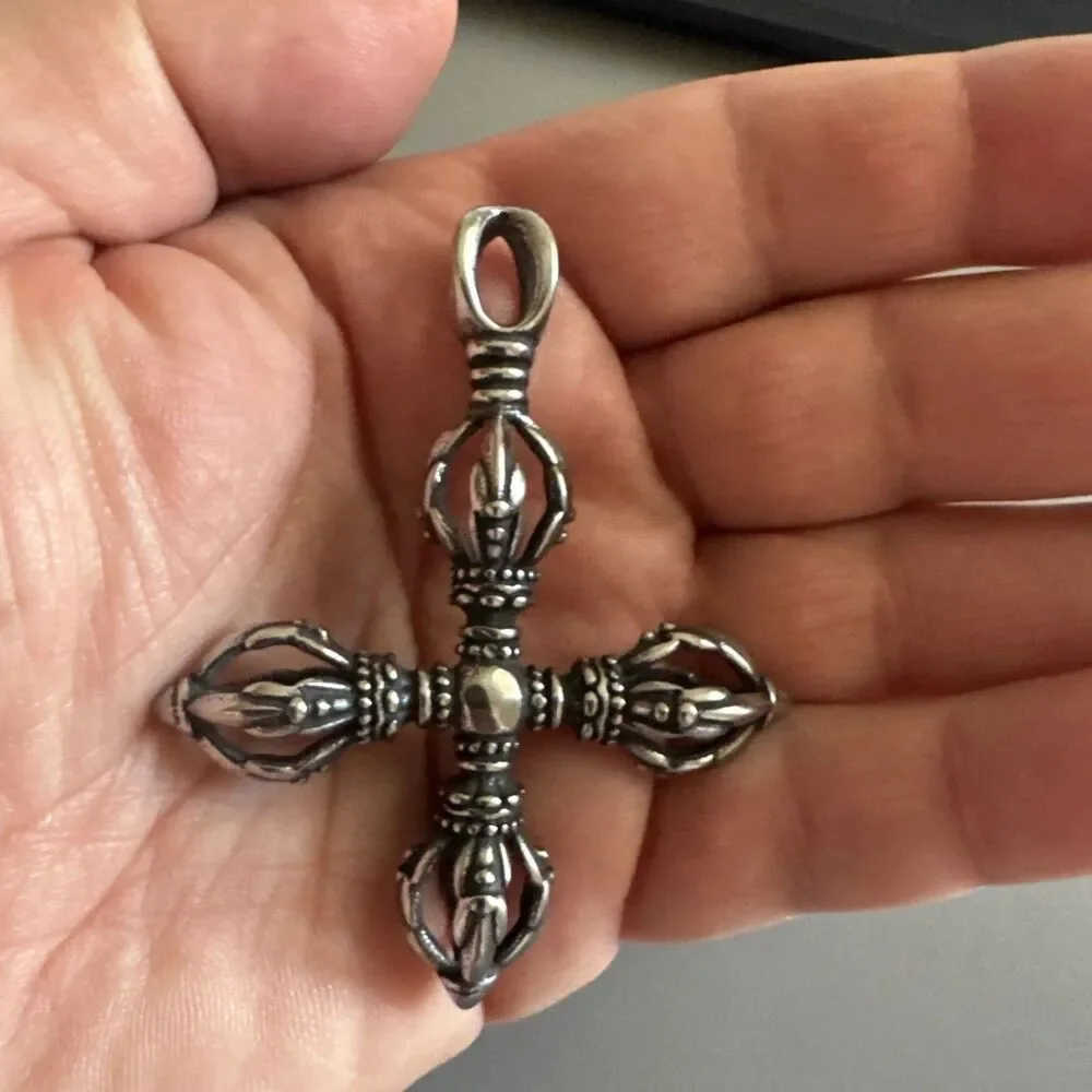 Tibetan Stainless Cross Vajra Dorje Amulet Keychain Pendant Buddhist Ritual Tool